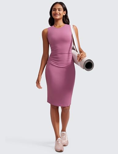 Image of CRZ YOGA Butterluxe Ruched Midi Casual Dress | Removable Pads, Extremely Soft, Bodycon, Crewneck, Party, Sleeveless, Pencil, Outfits for Women