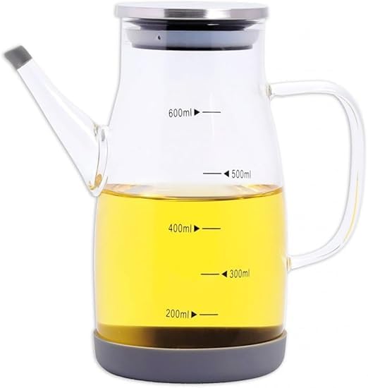 Orchid Glass Oil Kettle with Handle & Spout Borosilicate Glass Oil Dispenser Bottle for Kitchen Transparent Cooking Oil Vinegar Pourer Easy-Pour Drip-Free Oil Pot (Transparent 600 Milliliters)