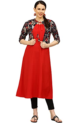 Image of Women's Crepe Printed A-Line Kurti (ALC4045TOM Red Small)