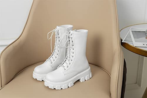 HINDOLA Women's Platform Chelsea Combat Boots Lace up Mid Calf Knight Boots Low Heel Platform Side Zip Ankle Boots4