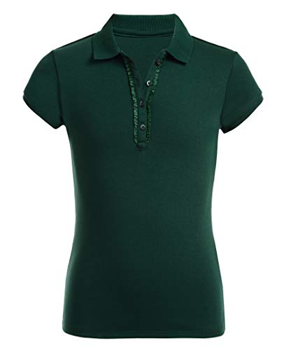 Nautica Girls' Big School Uniform Short Sleeve Polo with Ruffle Placket, Forest Green, Large(12/14)