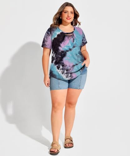 Image of CARCOS Plus Size Tops for Women Short Sleeve Shirts Basic Tee Solid Color Blouse V Neck Tunic Loose Fit Tshirts Summer XL-5XL