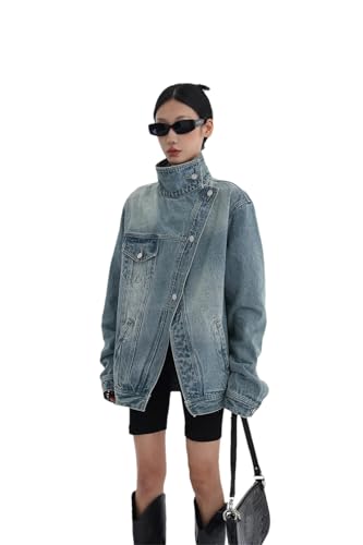 Vsadsau Women's Denim Jacket Mock Neck Buttons Long Sleeve Splicing Casual Buttons Jean Coat