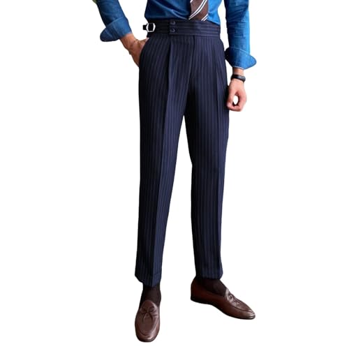 Men's Pinstripe Dress Pants Flat Front Gurkha Striped Suit Pants Slim Fit Lightweight Work Office Business Trousers