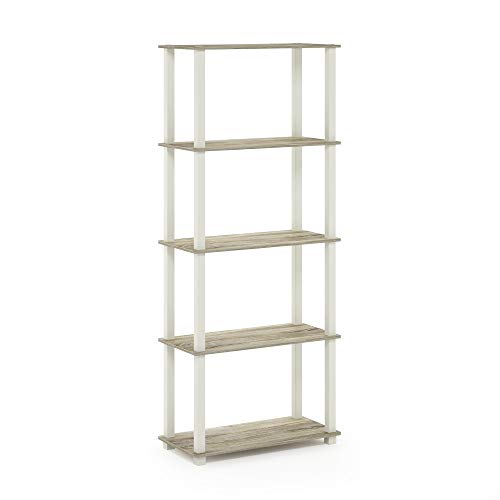 Image of Furinno Turn-N-Tube 5-Tier Multipurpose Shelf / Display Rack / Storage Shelf / Bookshelf, Square Tubes, Sonoma Oak /White