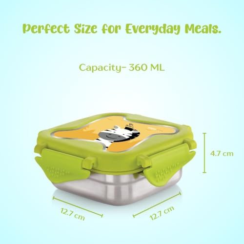 Image of STEELLOCK Smart Kids Stainless Steel Lunch Box, Leakproof & Airtight Tiffin Box for School Boys & Girls, BPA Free Food Grade with 4-Side Clip Lock | 360 ML | Green, 3D /UV Print Zebra