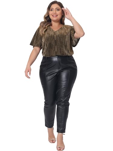 Agnes Orinda Plus Size Metallic Tops for Women V Neck Short Sleeve T-Shirt Party Top Glitter Blouses3