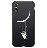 Freesiom Coque iPhone x Silicone Noir Motif Univers Astronaute Lune 3D Kawaii Souple Retro Vintage Dessin Fantaisie Ultra Fine Cadeau Pas Cher