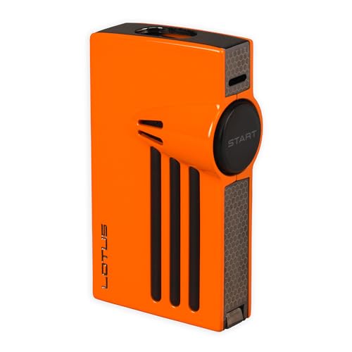 Lotus Orion Cigar Lighter with Double Torch Flames, Single Action Ignition, All Metal Housing, Integrated Cigar Punch (Orange Polished & Black Matte)
