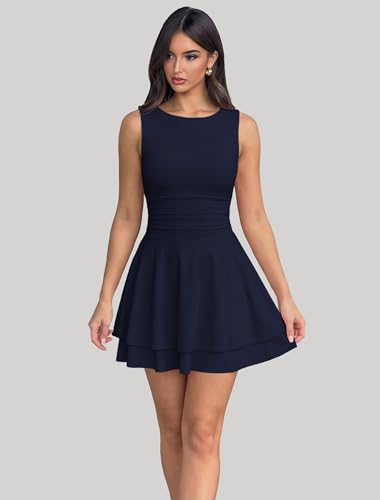 Image of IWD Women's Boat Neck Sleeveless Mini Dress Ruched Waist Flowy Tiered Ruffle Hem A Line Party Short Dresses