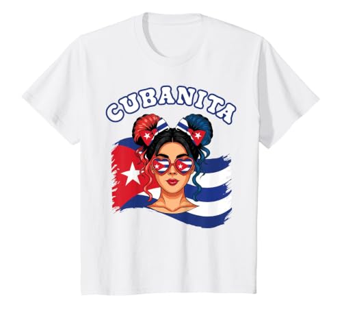 Cubanita Hispanic Heritage Messy Bun Cuban Cuba Flag Girls T-Shirt, Youth, White, X-Small