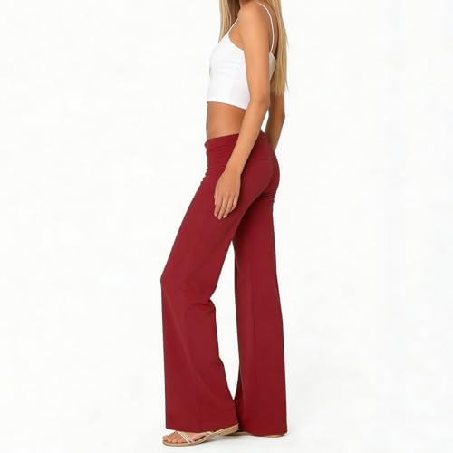 Image of Lounge Yoga Pants for Women Fold Over Low Waist Wide Leg Bell Bottoms | Y2K Foldover Pants, Flare Leggings, Low Rise Yoga Sweatpants