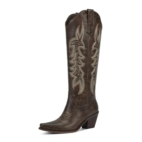 Image of wetkiss Women's Pointed Toe Cowboy Boots | Knee High Cowgirl Boots, Retro Embroidery, Chunky Heel, Pull-On, Style for a Classic Western Look,Stable and Comfortable