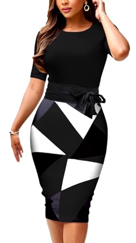 Image of CaniBtr Bodycon Dresses for Women Printed Midi Pencil Work Dress with Belt | Geometric print work dresses for women with belt,lightweight stretch soft fabric,slim midi pencil fit for office,business