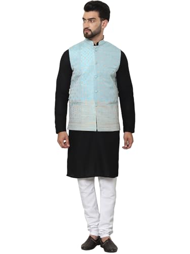 Image of SOJANYA (Since 1958 Men's Cotton Linen Maroon Kurta and White Pyjama with Mustard Cotton Nehru Jacket