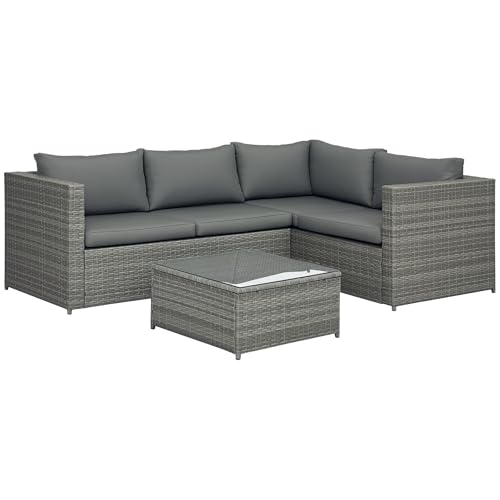 Outsunny 3 Pieces PE Rattan Garden Furniture Set with 10cm Thick Cushions, 4 Seater Outdoor Patio Corner Sofa Set with Glass Top Coffee Table, Grey