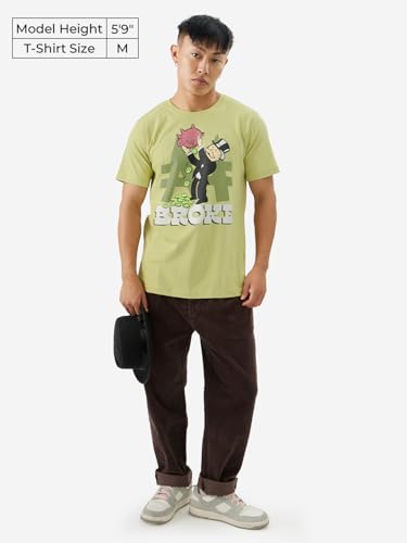 Image of The Souled Store Official Monopoly: Broke! Men and Boys Short Sleeve Round Neck Green Graphic Printed Regular Fit Cotton T-Shirts