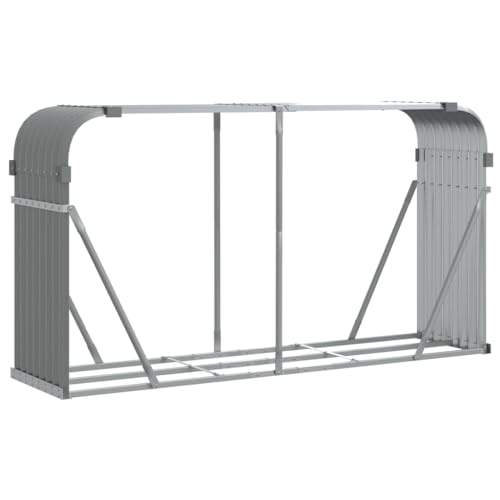 ACAGALA Soporte para leña de chimenea de metal, 180 x 45 x 100 cm, estantería para leña exterior, almacenamiento de leña, acero galvanizado, gris claro