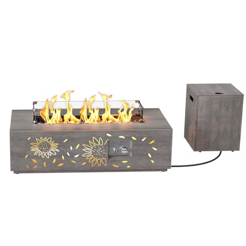 2-Piece 42" LED Rectangular Propane Fire Pit for Outside Patio with Hidden Tank Table, 50,000 BTU Fireplaces with Glass Wind Guard, Lid, Glass Rocks, Cover(Sunflower w/Warm Light)