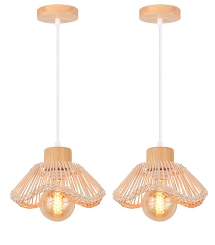 DLGLOLIN Lots de 2 Suspension Luminaire en Bambou Tressée Lampe Suspendue Boho Style Intérieur Lustre Salon en Rotin Vintage Bois Plafonnier pour Chambre...