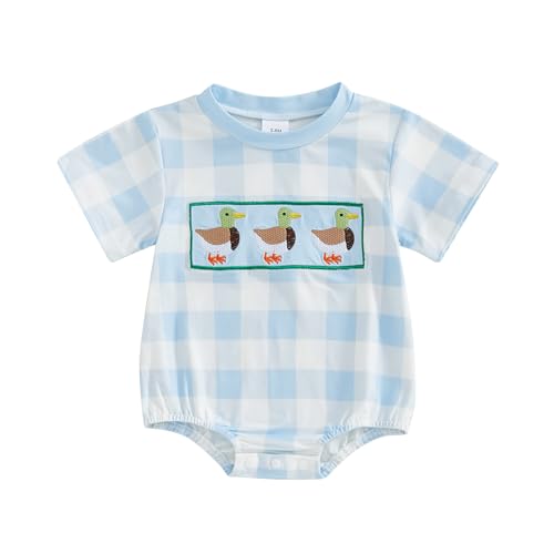 Infant Baby Boy Summer Outfit Short Sleeve Mallard Duck Embroidery Checkered Bubble Romper Newborn Hunting clothes