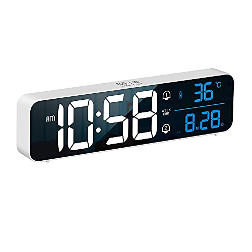 AGWIMDigital Alarm Clocks for Bedrooms, 2400mAh Rechargeable Mirror Alarm Clock, Battery Powered Digital Desktop Calendar, Smart LED Wall Clock with Music Temperature Snooze, White
