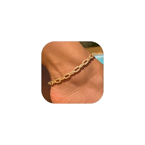 ChainsHouse Ankle Bracelets for Women, Stainless Steel Chain Anklets Waterproof, Women Summer Beach Jewelry Gift, Come with Box 01. 1Pcs-(6mm)-Paperclip-14K Gold