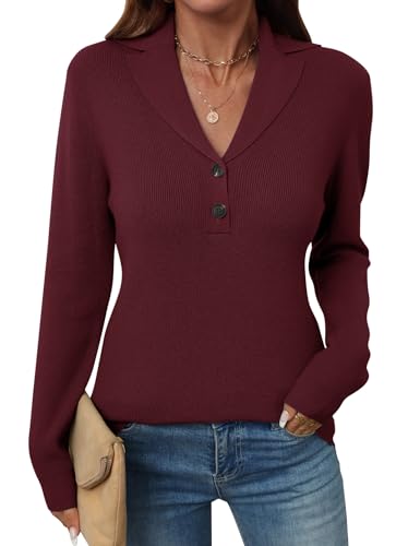 Image of LOMON Sweaters for Women 2025 Fall Knitted V-Neck Collared Button Pullover Dressy Casual Long Sleeve Polo Shirts Business