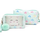 Necessaire Feminina Transparente, Pompom e Alça de Mão Estojo Organizador para Maquiagem, Material Escolar e Viagem