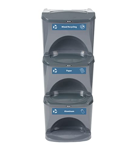 Glasdon Nexus Stack 24G Recycling Bin (Dark Gray, Blue Decals) – Compact 24-Gallon Stackable Bin with Lid – 3 x 8-Gallon Stacking Containers