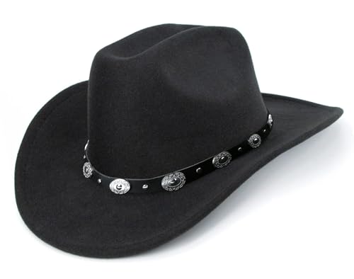 Sombrero de vaquero occidental para hombres y mujeres, sombrero clásico enrollable con cinturón de hebilla (circunferencia del sombrero 22.4-22.8 pulgadas), Cuadrado negro - Pastel redondo, M