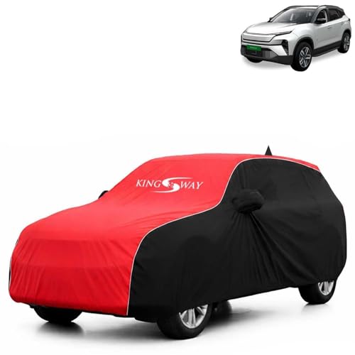 Image of KINGSWAY Super Waterproof Car Cover Only with Tata Harrier EV (Year 2025 Onwards - All Model) | Mirror and Antenna Pockets | All Weather Car Body Cover with Silver Piping | Black Red
