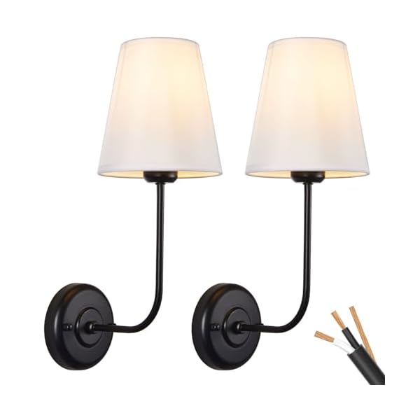 Passica decor hardwired wall sconces set of 2 pack vintage industrial wall light fixture with flared white fabric shade for dining room living room bedrooms bedside reading farmhouse  urban country home decor