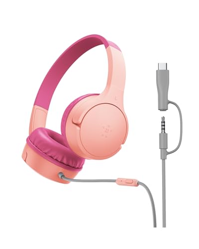 Belkin SoundForm Mini Kids Wired Headphones w/USB C to 3.5mm Dongle, Built-in Mic & Fun Stickers, 85dB Max Volume – for Online Learning, Travel, Compatible w/iPhone 16, iPad, Galaxy S25, etc - Pink