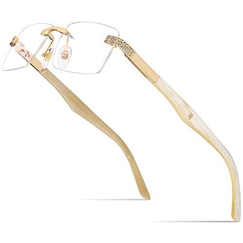 Image of HEPIDEM 100% Really Buffalo Horn Glasses,Square Rimless Luxury Buffs Eyeglasses with Zircon Diamonds