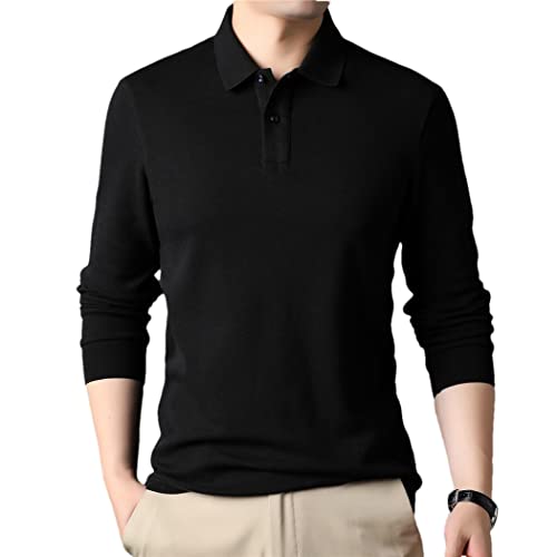 Polo coréen uni pour homme noir 3XL à manches longues et col contrasté