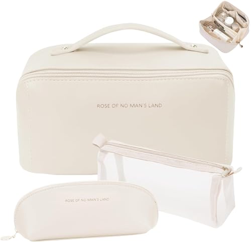 KNETAP 3 Set Travel Makeup Bag, Large Capacity Cosmetic Bags for Women, Waterproof Make Up Bag Birthday Gift Woman Portable Travel Bag Makeup Organizer Pouch Open Flat Toiletry Bag (White) by KNETAP - Used condition - CA$20.82