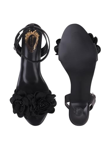 Image of Shoetopia Women's Floral Embellished Heeled Sandals | Elegant Ankle Strap Party Heels | Open Toe Dress Sandals for Wedding, Evening & Festive Footwear