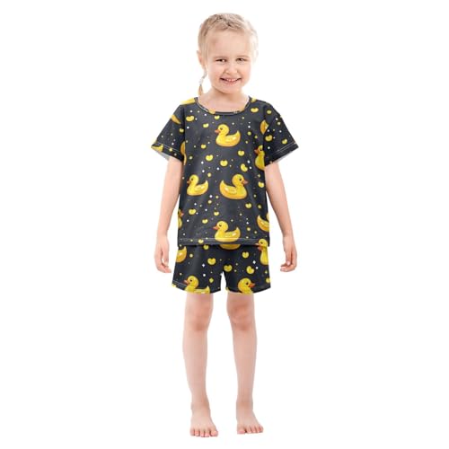 ALAZA Yellow Duck Heart Love Pajamas Set Short Sleeve Cotton Sleepwear Summer Pjs 2 Piece 5-14Y3