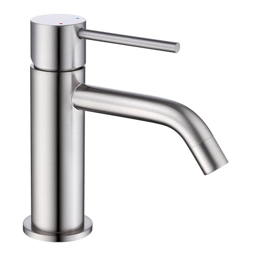 Friota Brushed Nickel Bathroom Tap, Anti Corrosion Single Handle Basin Mixer Taps, Anti Fingerprint Single Hole Modern Deck Mounted Bathroom Sink Tap Satin Nickel Ideal for Rv & Bedroom