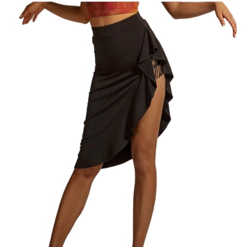 ZYMOZYM Asymmetrischer Rock mit Fransen, lang, schwarz, Salsa, Latein-Tanzrock für Damen, Tanzkostüm, Schwarz , M