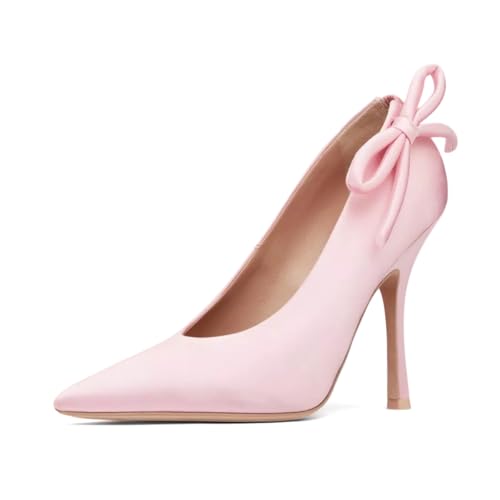 XYD Women Closed Pointed Toe Satin Pumps Elastic Slip-on High Heel Stilettos Side Bowknot Evening Elegant Shoes
