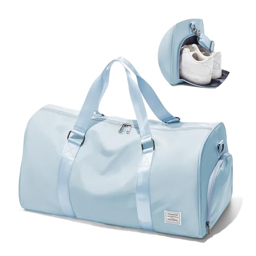 Image of Gym Bag for Women Men with Shoe Compartment,Small Travel Duffle Bags for Traveling Overnight Weekender Bag Personal Item Travel Bag Large Sport Gym Bag Workout Bag Hospital Holdalls Sky Blue