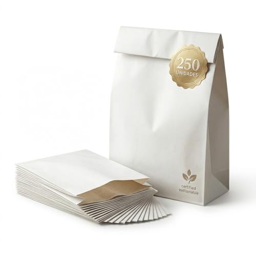 Daymand Store Bolsas Papel Kraft Bolsas de Papel en paquete de 250 uds y una medida de 12x20cm + 6cm de fuelle Bolsas papel pequeñas