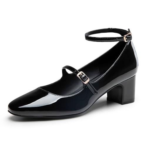 Trary Mary Jane Shoes Women Chunky Block Heels Mary Janes Dress Shoes for Women Close Cap Toe 2.2 Inch Women's Pumps Shoes with Buckle Double Strap Comfy Pumps for Office Party Casual Wedding