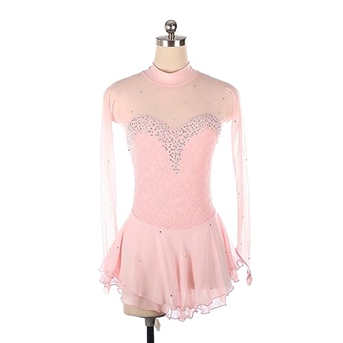 Vestido de Patinação Artística, Elegante Malha Sem Costas Mangas Ponta dos Dedos Brilhantes Strass C