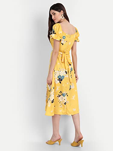 Image of Yellow Floral Print Ruched Bust Midi Dress