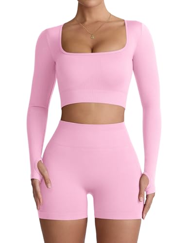 Niipty Two Piece Workout Set for Women Long Sleeve Top Matching High Waist Scrunch Butt Shorts Gym Sets Yoga Outfits Sets - Pink S
