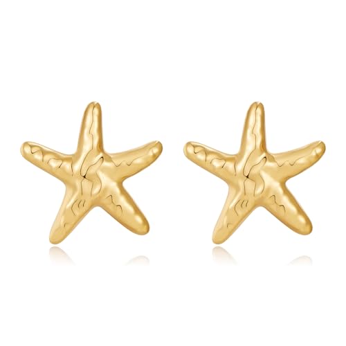 Image of WOWORAMA Hammered Starfish Earrings for Women Chunky Gold Statement Earrings Vintage Ocean Sea Star Shell Earring Summer Beach Jewelry