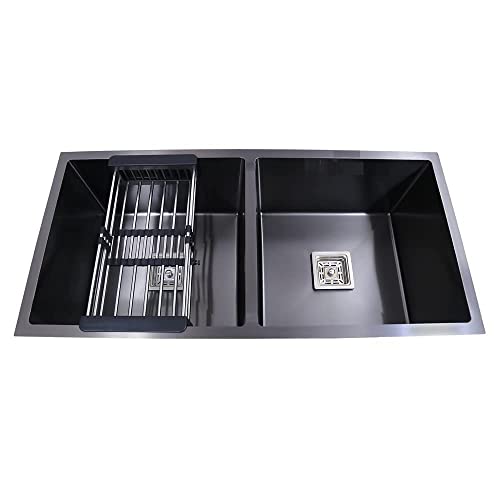 Image of BASINQU Kitchen Sink 32x18x10 Inch Handmade Double Bowl Sink for Kitchen Basin Black 304 Grade Stainless Steel Brushed Matte Finish Including Coupling Fruit Tray Hose Pipe Kitchen Sinks